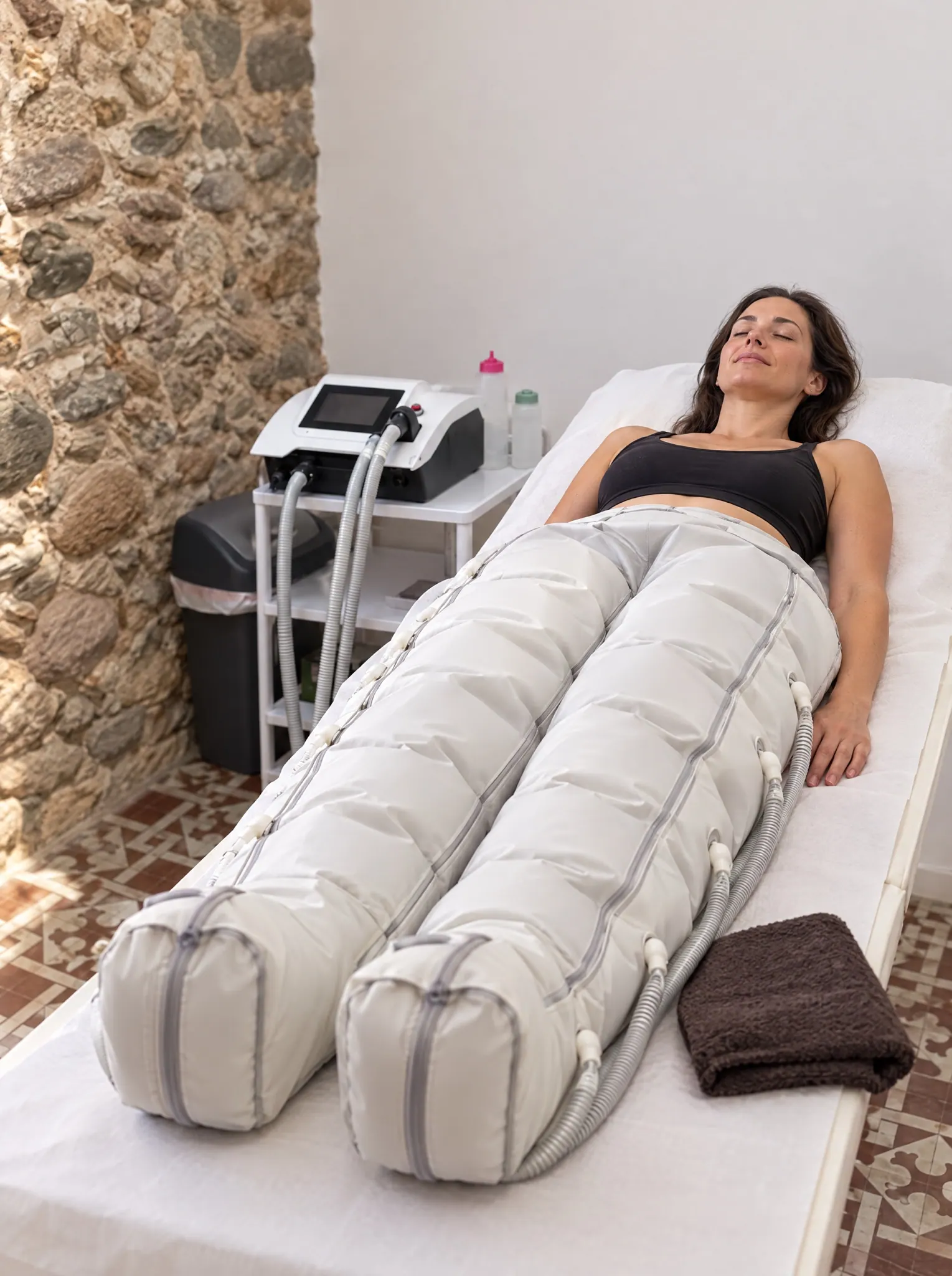 Traje de presoterapia con botas de aire sobre la camilla del centro Arulaser en Granollers